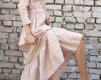 Long linen dress with frills. Linen boho dress with pockets and elastic waistband. 20 colours