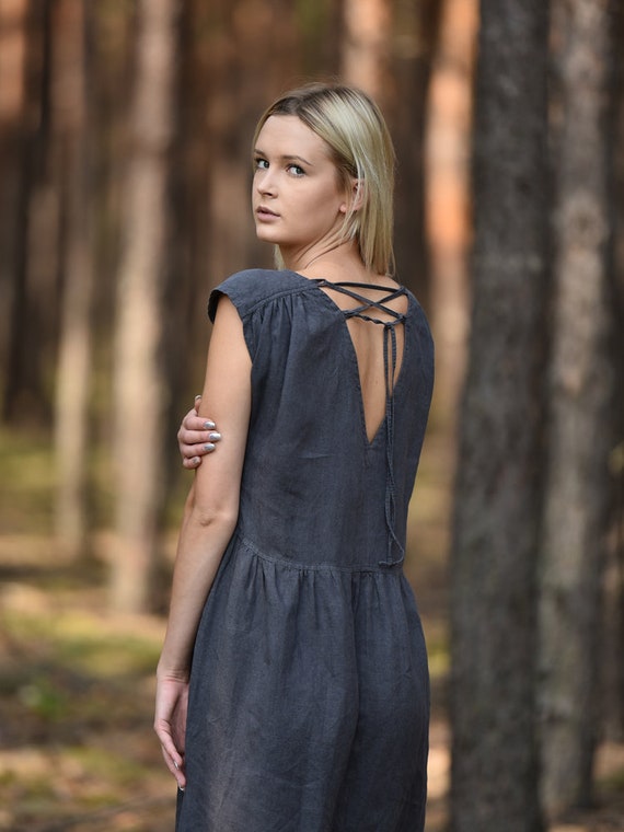 long dress linen Women's Lilac Linen Dress - Round Neck Linen Tunic with Princess Seams, Long  Sleeve