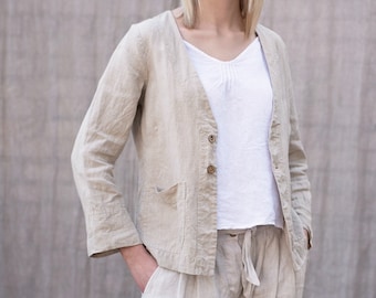 Women short linen blazer. Linen casual ladies blazer. No collar ladies jacket. Colours. Spring jacket with pockets. Light Minimalist blazer