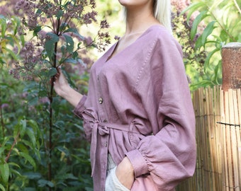 Übergroßes Leinenhemd : Kimono-Bluse mit Knöpfen, Strand-Vertuschung