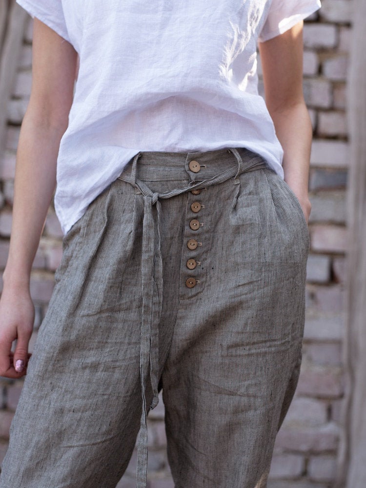 Linen Long Pants, Elastic Waist Pants Premium Linen Clothing for