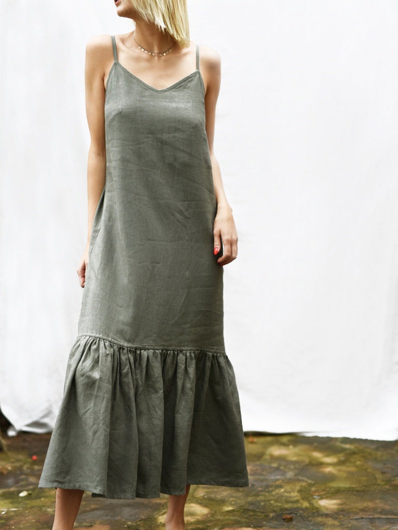 Linen long dress with frills. Midi dress with adjustable straps image 7