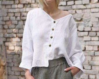 Leinen Oversized Shirt in Weiß für Frauen. Damen Reglanärmelshirt. Farben