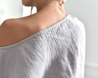 Blusa holgada de lino ligero. Top corto de lino para mujer. Blusa con hombros caídos. Blusa de cuello redondo y escote pronunciado. Blusa de lino para mujer. 20 colores.