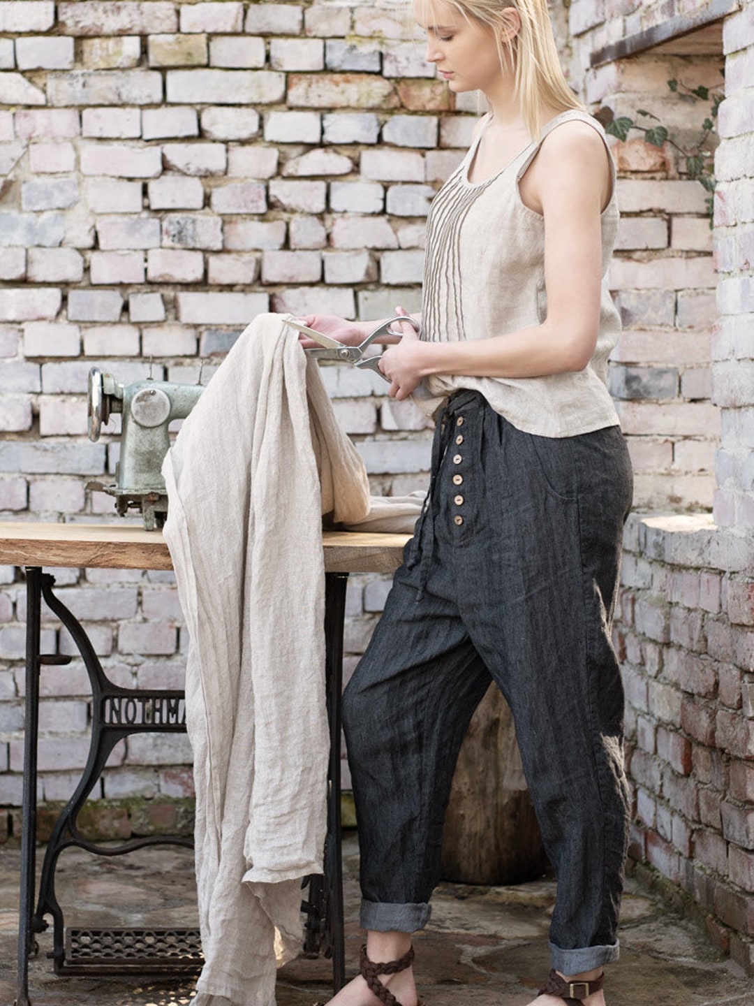 Ladies Baggy Linen Pants/trousers With Button Fly and Side Pockets