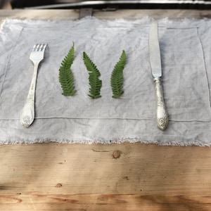 Può includere: Una forchetta e un coltello d'argento con manici decorati sono posizionati su un sottopiatto di lino grigio con tre foglie di felce verdi disposte in fila.