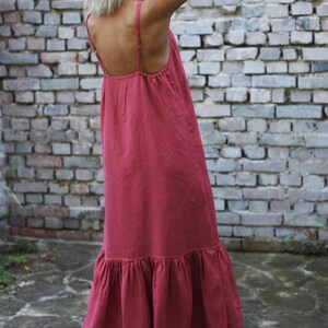 Linen long dress with frills. Midi dress with adjustable straps image 2