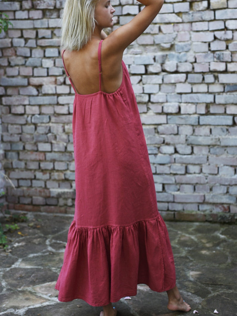 Linen long dress with frills. Midi dress with adjustable straps image 2