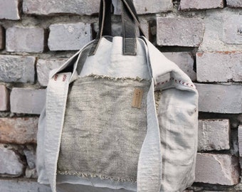 Shoulder bag / Big, heavy linen bag / Oryginal linen bag / Women grey color bag