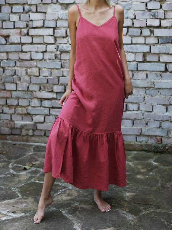 Linen Midi Dress: Handmade Frill Dress with Adjustable Straps