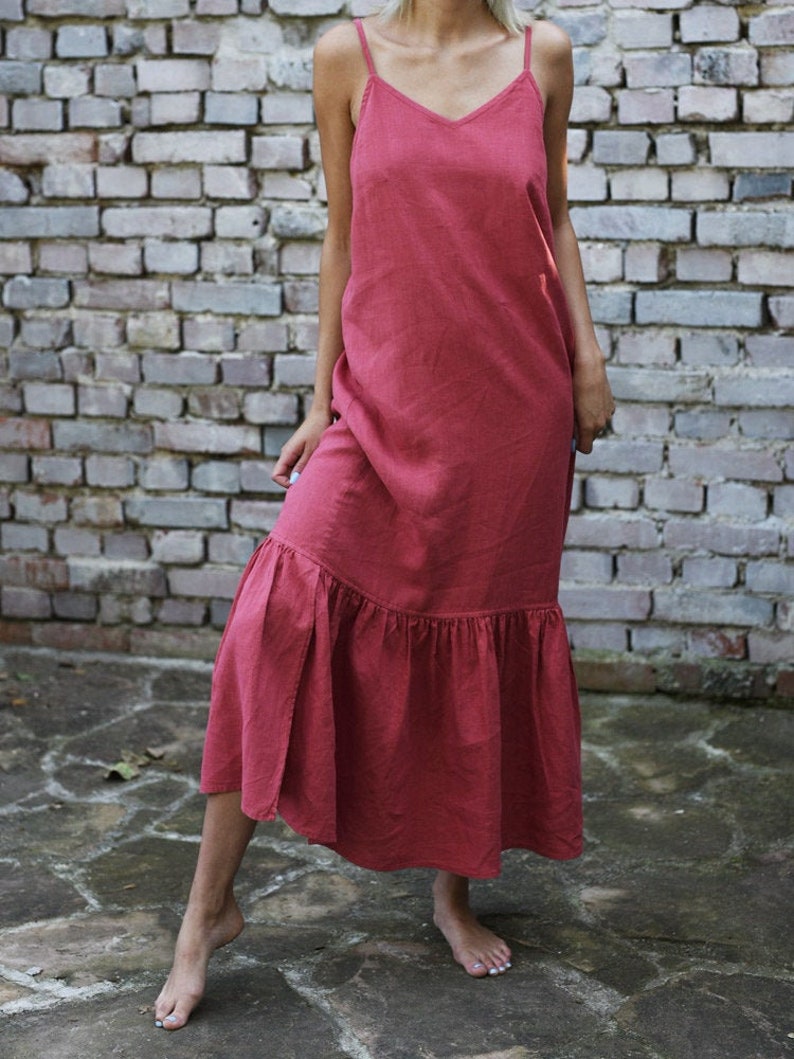 Linen long dress with frills. Midi dress with adjustable straps image 1