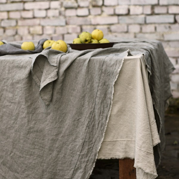 Raw Edge Light Linen Tablecloth. Vintage, natural soft linen table cloth in colors.