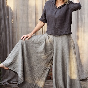 Woman&#39;s wide leg linen pants. Linen trouser skirt. Linen Palazzo pants with waistband and pockets. 20 colours