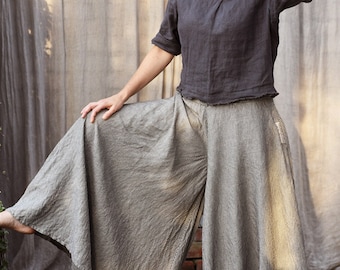 Pantalón ancho de lino para mujer. Falda pantalón de lino. Pantalón palazzo de lino con cinturilla y bolsillos. 20 colores