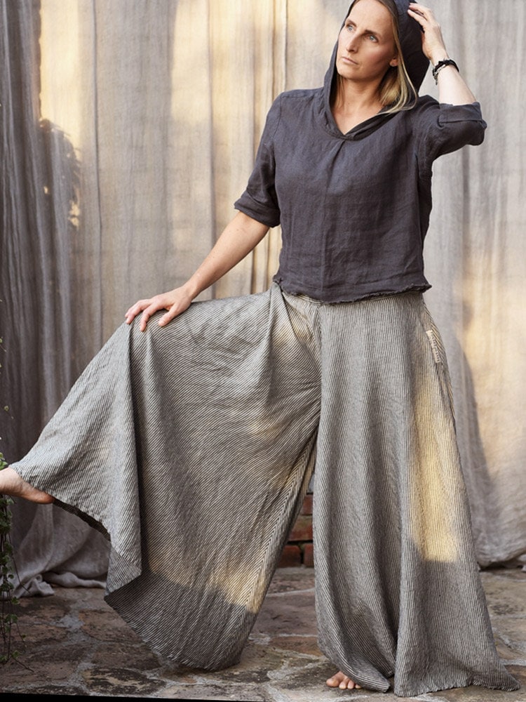 Grey Linen Look High Waist Wide Leg Pants