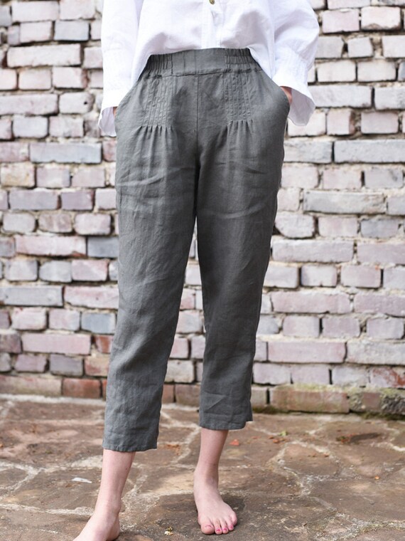 Ladies Light Linen Pants/trousers With Elastic Waistband and Side