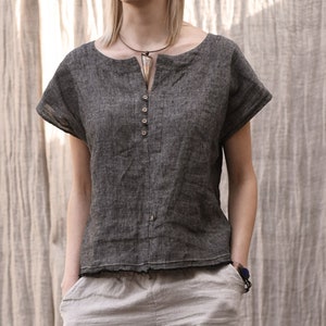 Woman linen V-neckline fastened with strings top. Rough edges linen blouse for women. 20 colours