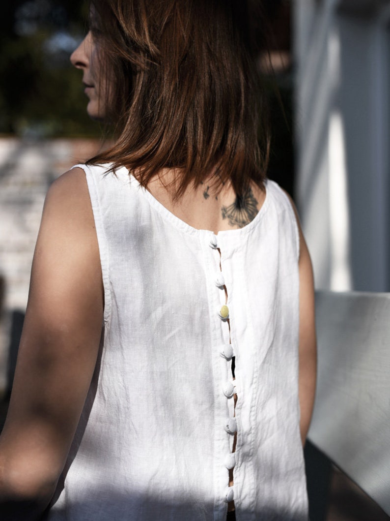 White Linen Sleeveless Top: Button Back Ladies Shirt - Etsy