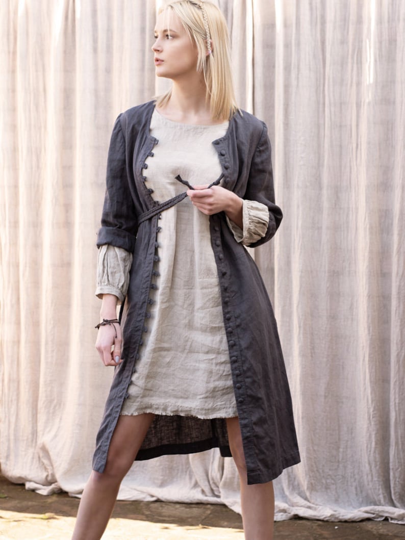 Ladies button loop fastening linen coat. Linen dress. Colours image 2