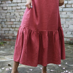 Linen long dress with frills. Midi dress with adjustable straps image 4