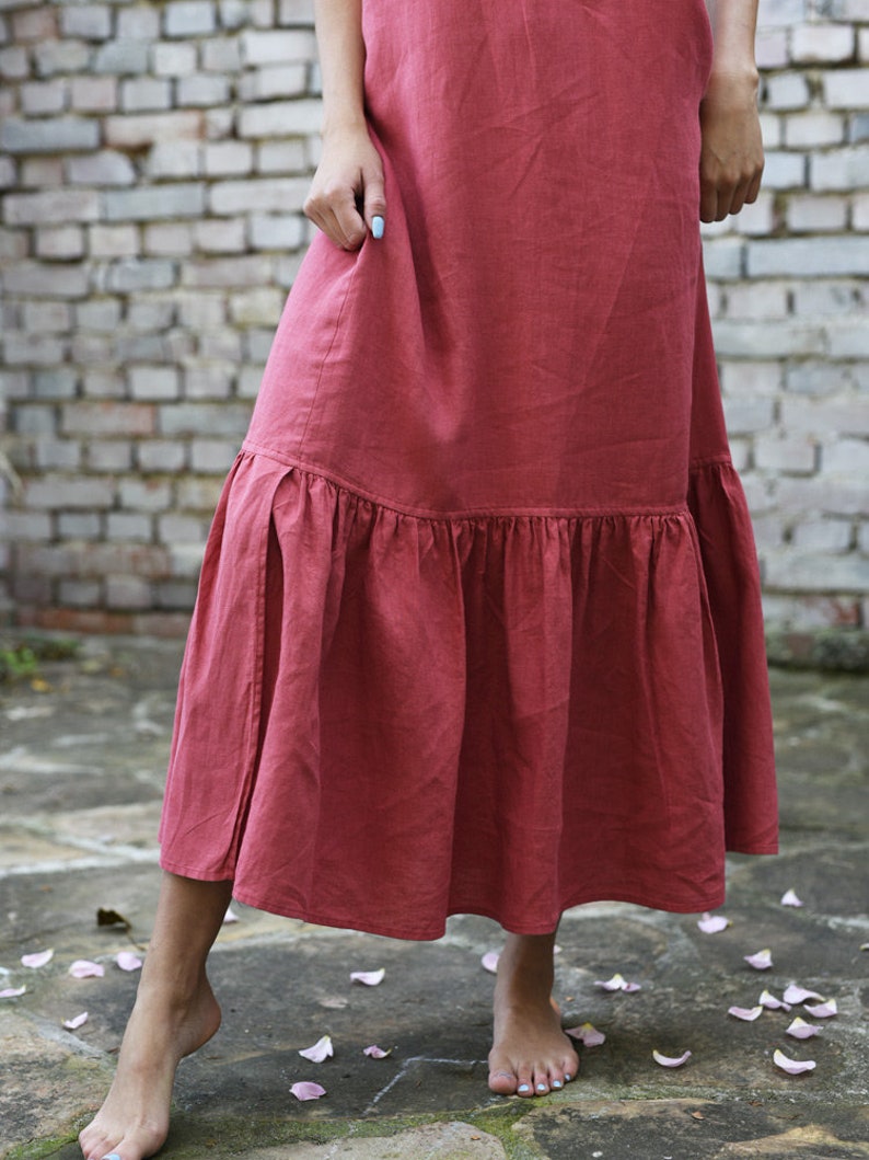 Linen long dress with frills. Midi dress with adjustable straps image 4