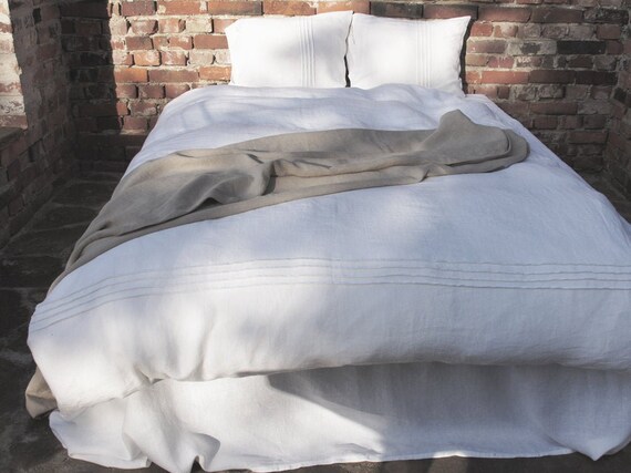 Linen Duvet Cover With Pleated Stripes In White Colour Washed - Pre Washed Linen Bedding Linen Duvet Cover With Pleated Stripes In White Colour Washed - Pre Washed Linen Bedding