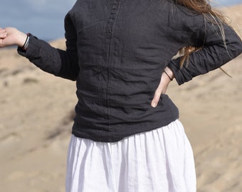 Blusa de lino para mujer con pliegues. Top holgado de lino para mujer. Sudadera de cuello alto. Disponible en 20 colores.