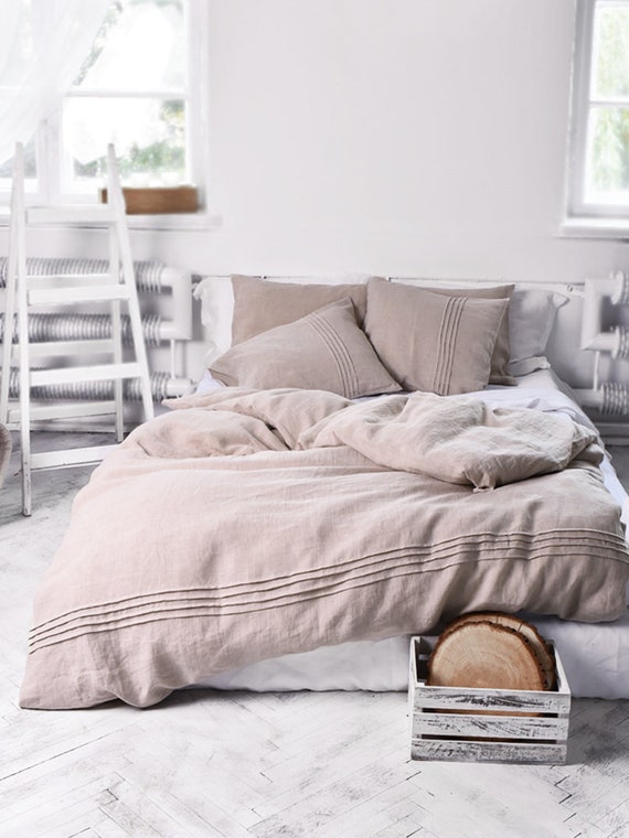 Linen Pleated Duvet Cover In A Natural Colour Beige 100 Etsy