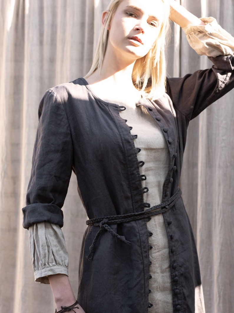 Ladies button loop fastening linen coat. Linen dress. Colours image 3