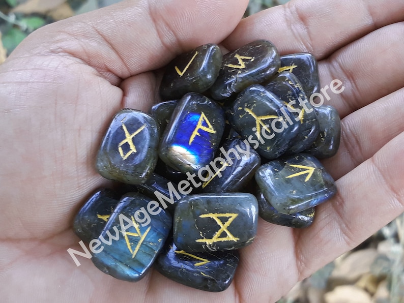 Labradorite crystal runes stones set viking elder futhark divination spiritual healing crystals and stones 