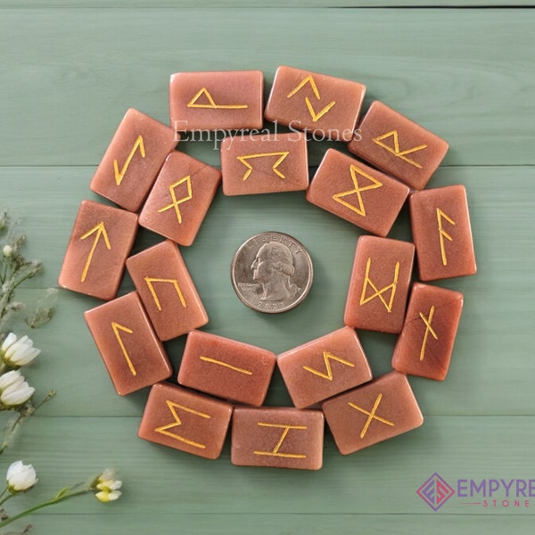 Red Aventurine crystal runes stones set viking elder futhark divination spiritual healing crystals and stones