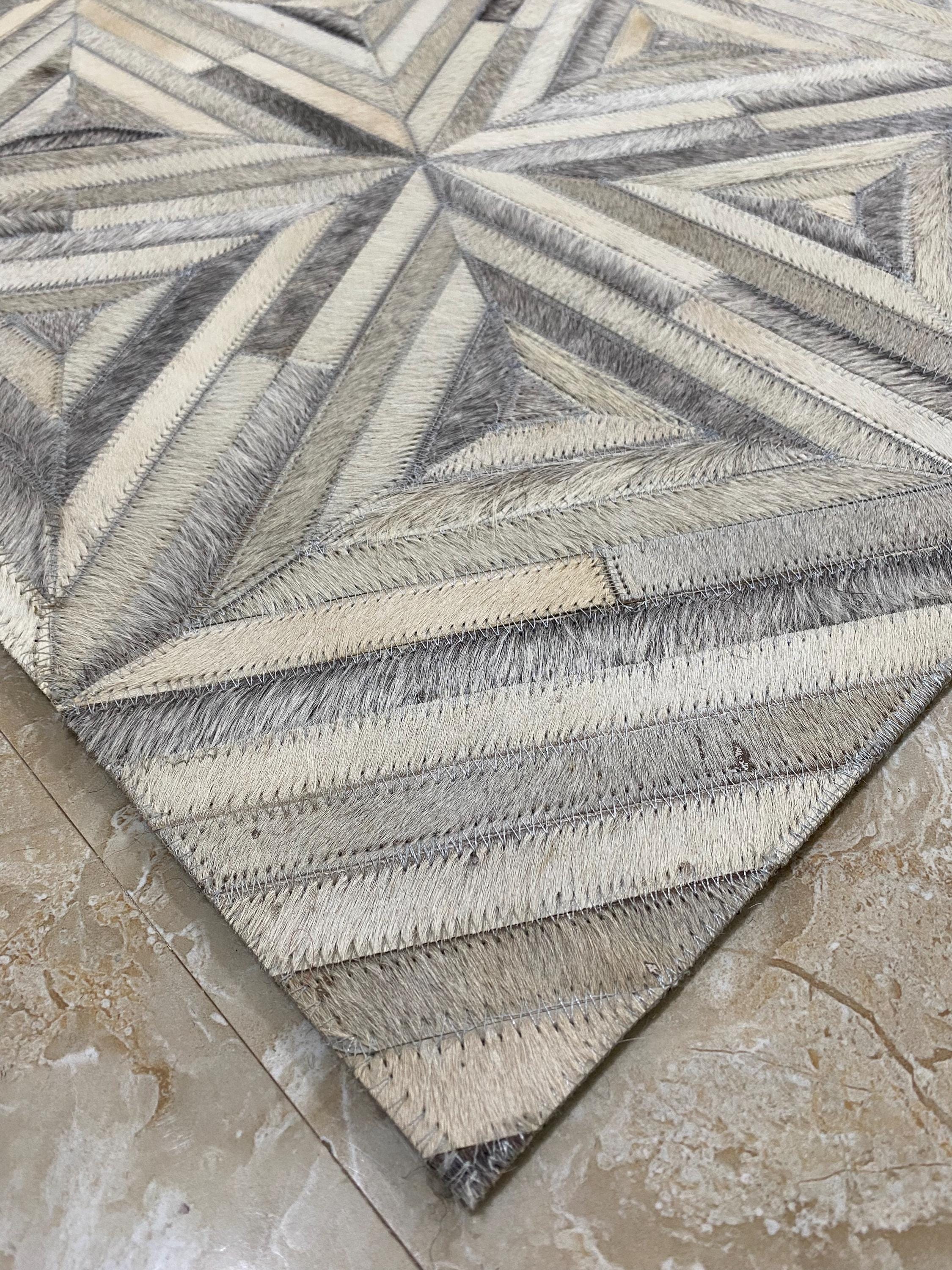 Geometric Triangle Cowhide Rug, Grey Ivory Patchwork Leather, Modern ...