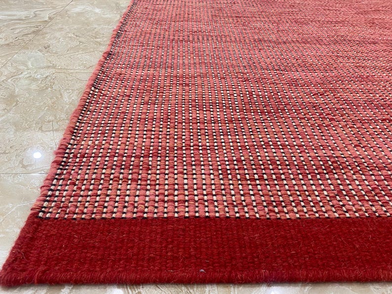 Linear Ribbed Maroon Rug Red Maroon Flatweave Wool Dhurrie Rug, Handmade Minimalist Boho Rug ...