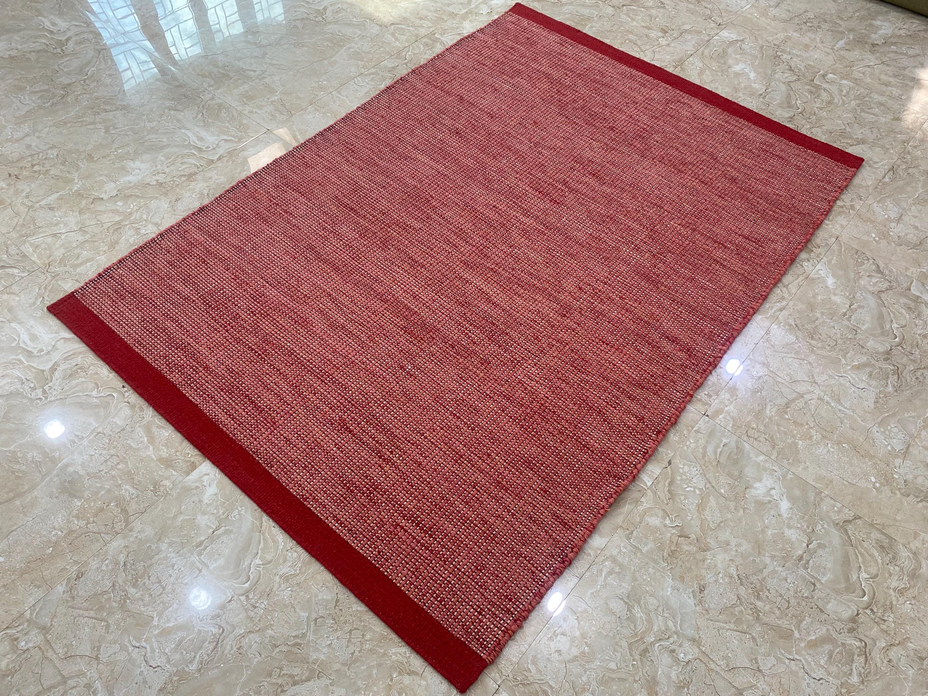 Linear Ribbed Maroon Rug Red Maroon Flatweave Wool Dhurrie Rug, Handmade Minimalist Boho Rug ...