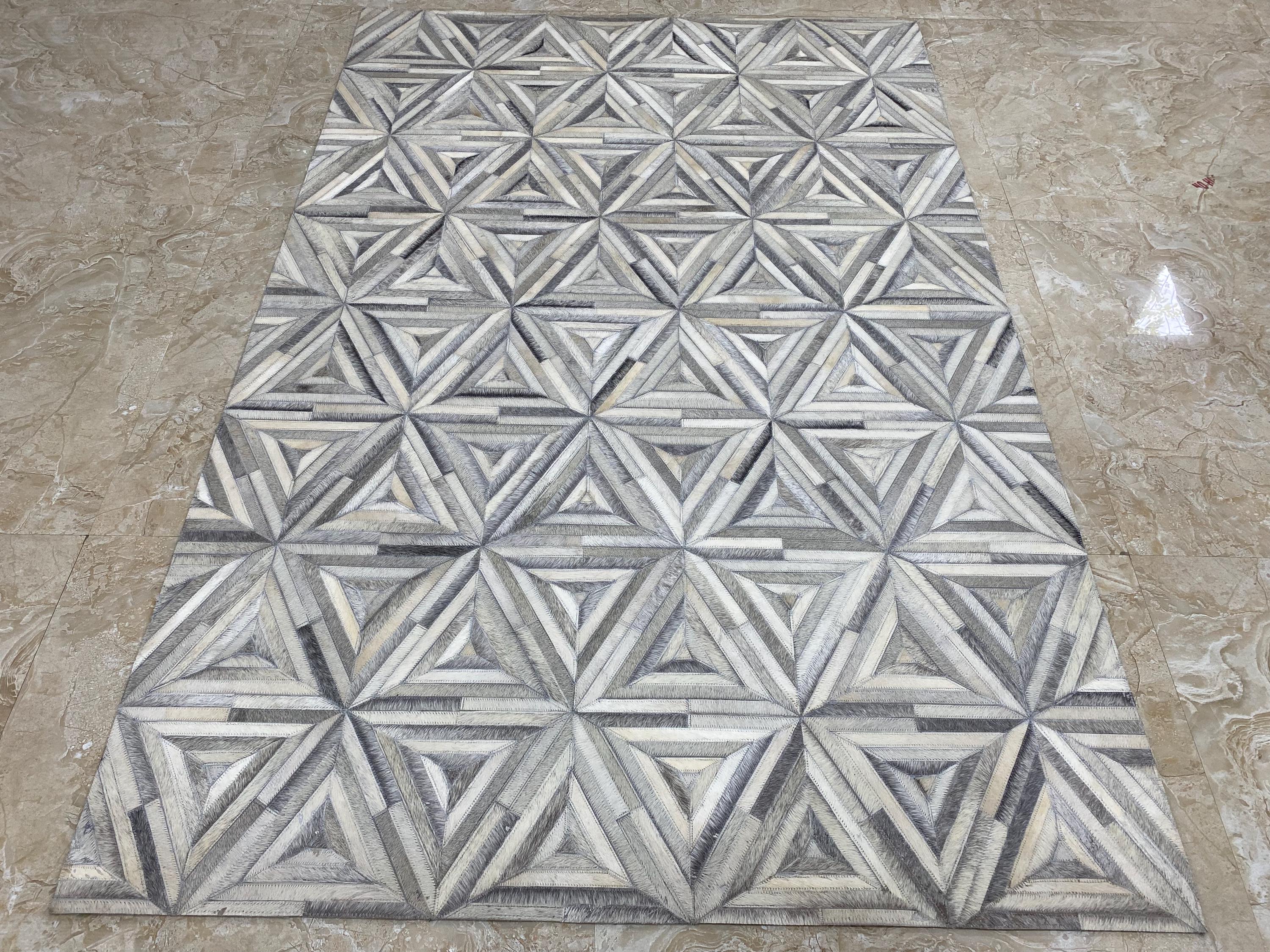 Geometric Triangle Cowhide Rug, Grey Ivory Patchwork Leather, Modern ...