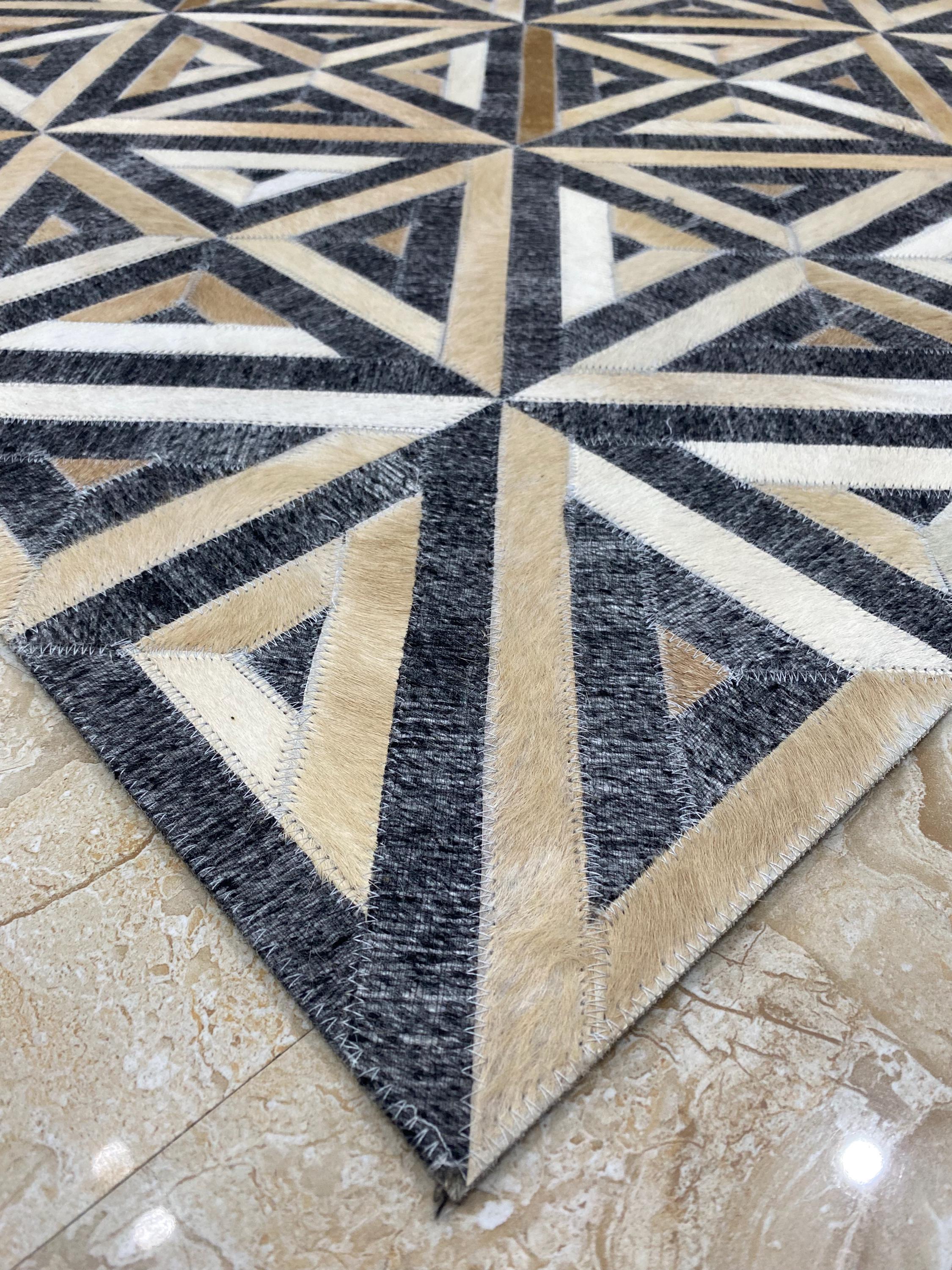 Triangle Leather Rug, Black Beige Rug, Cowhide Leather Rug, Patchwork ...