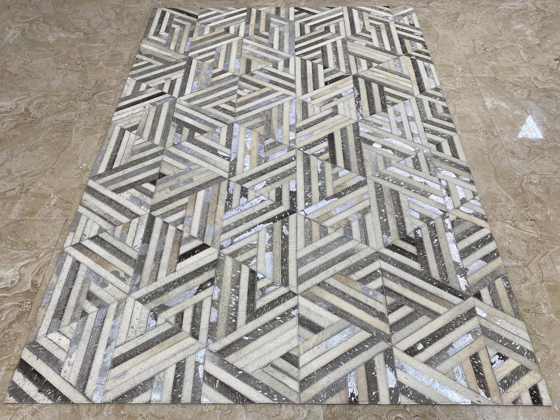 Patchwork Neutral Color Rug Neutral Cowhide Patchwork Rug, Geometric Leather Area Rug, Scandinavian ...
