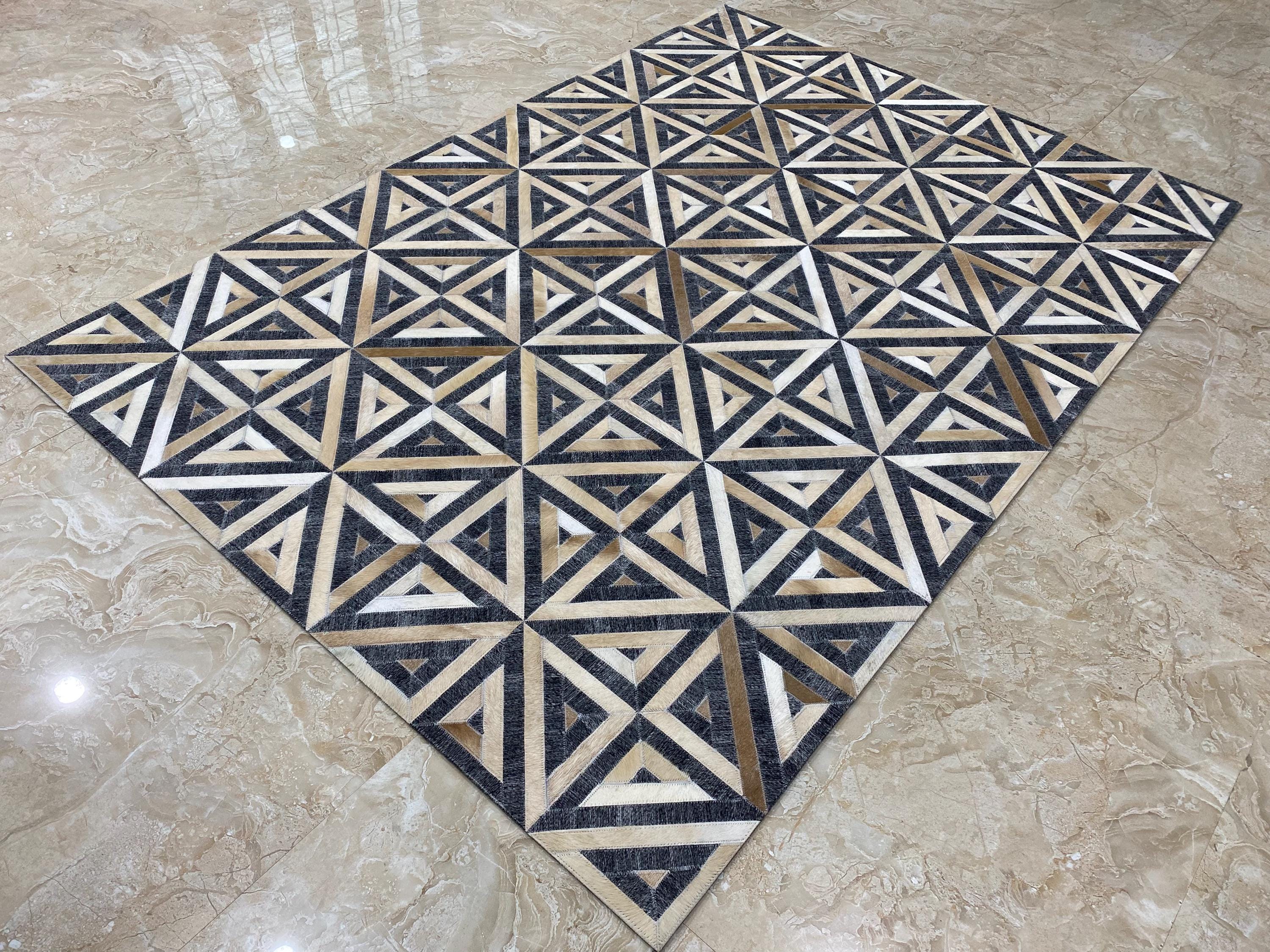 Triangle Leather Rug, Black Beige Rug, Cowhide Leather Rug, Patchwork ...