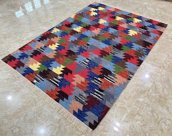 Colorful Luxury Kilim Rug Handwoven Wool Dhurrie Boho Scandinavian Area Rug Geometric Flatweave Carpet Custom Size Living Room.