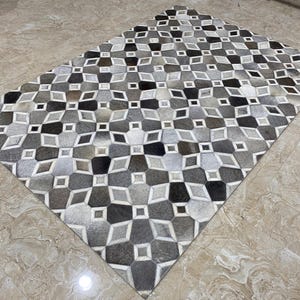 Leather Rug Grey Beige, Mosaic Pattern Rug, Neutral Area Rug, Contemporary Rug, Handmade Leather Rug, Luxury Area Rug for Living Room
