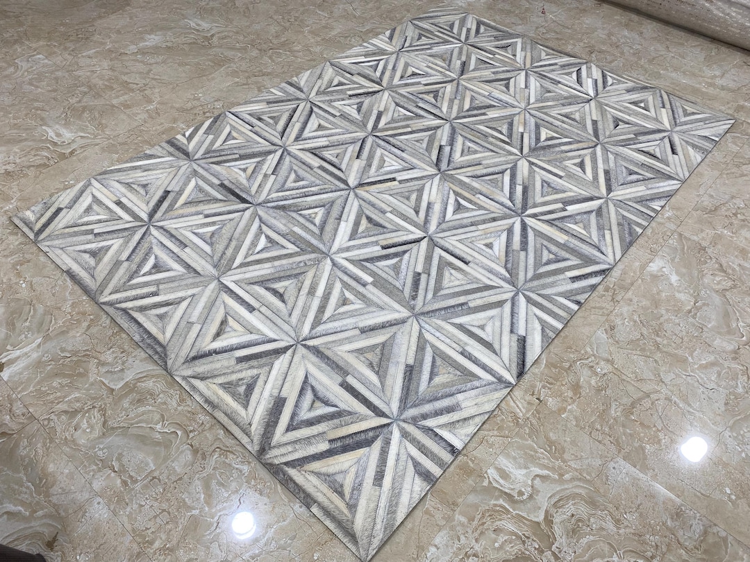 Geometric Triangle Cowhide Rug, Grey Ivory Patchwork Leather, Modern ...