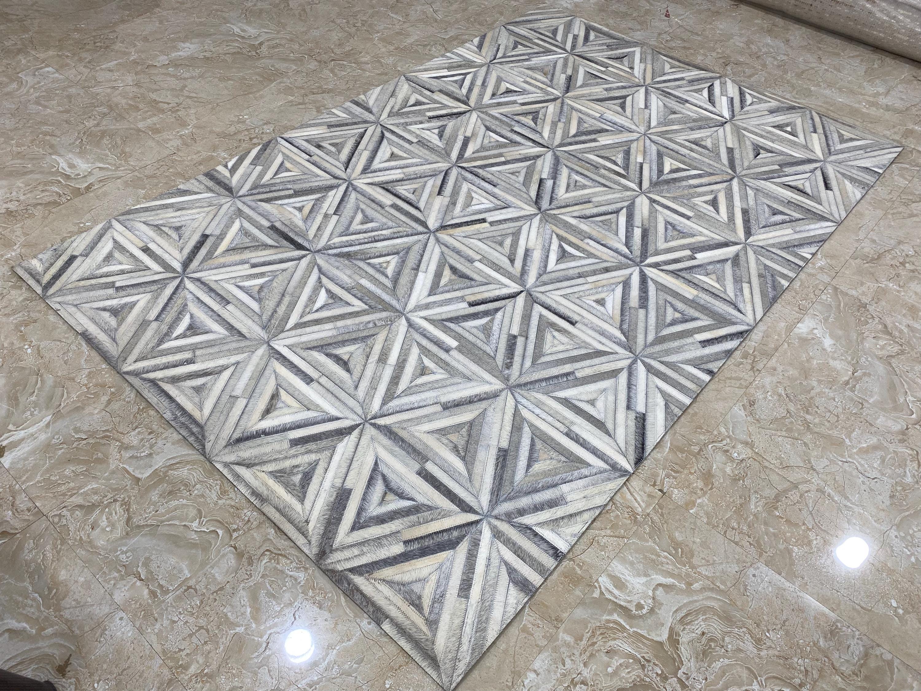 Geometric Triangle Cowhide Rug, Grey Ivory Patchwork Leather, Modern ...