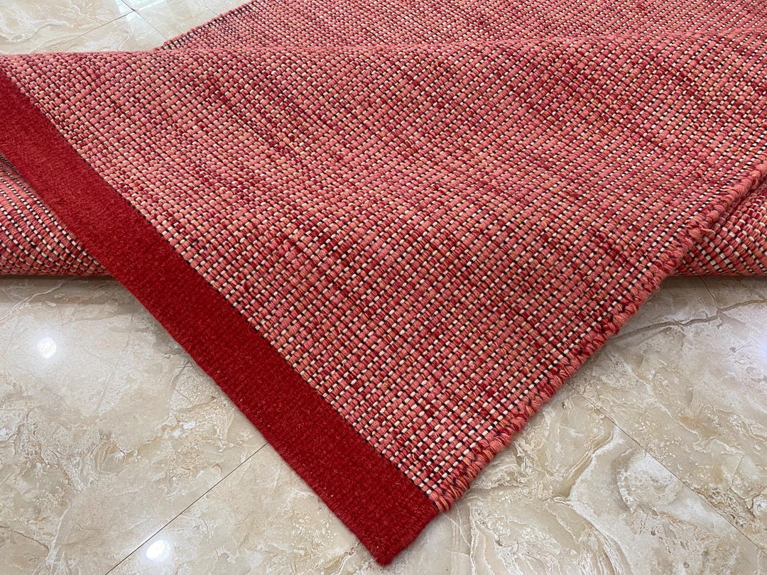 Linear Ribbed Maroon Rug Red Maroon Flatweave Wool Dhurrie Rug, Handmade Minimalist Boho Rug ...