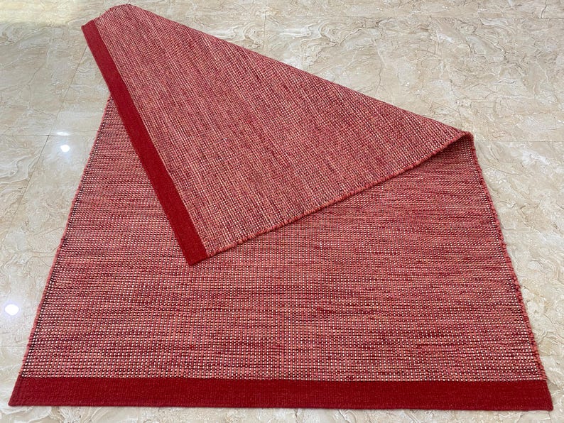 Red Woven Rug Red Maroon Flatweave Wool Dhurrie Rug, Handmade Minimalist Boho Rug ...