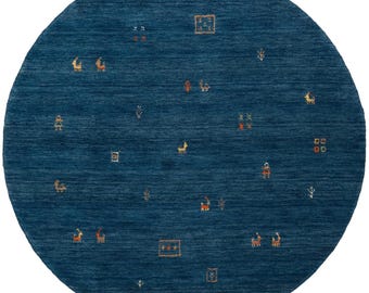 Tappeto rotondo in lana Gabbeh blu, tappeto tribale in lana, tappeto blu navy, tappeto rotondo boho, tappeto minimalista, tappeto in lana fatto a mano per decorazione.