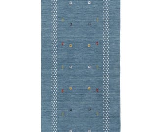 Tappeto passatoia Gabbeh in lana blu, passatoia in lana fatta a mano, tappeto passatoia boho, passatoia moderna per corridoio, lunga decorazione tribale per ingresso.