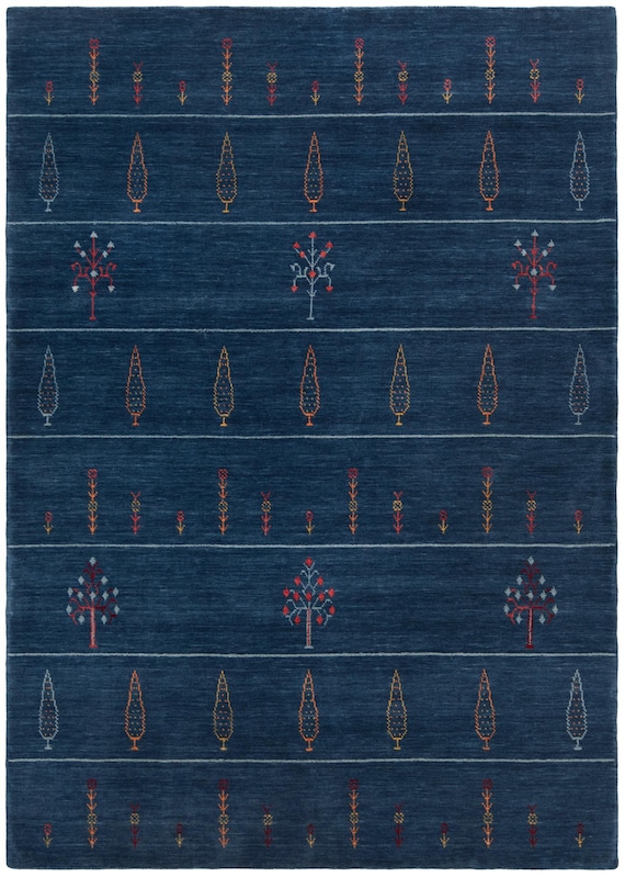 Dark Blue Wool Gabbeh Rug, Handloom Tribal Boho Carpet, 8x10 Ft