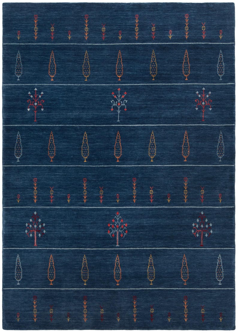 Top-down view of dark blue wool gabbeh rug 8x10, navy base with spaced tribal motifs
