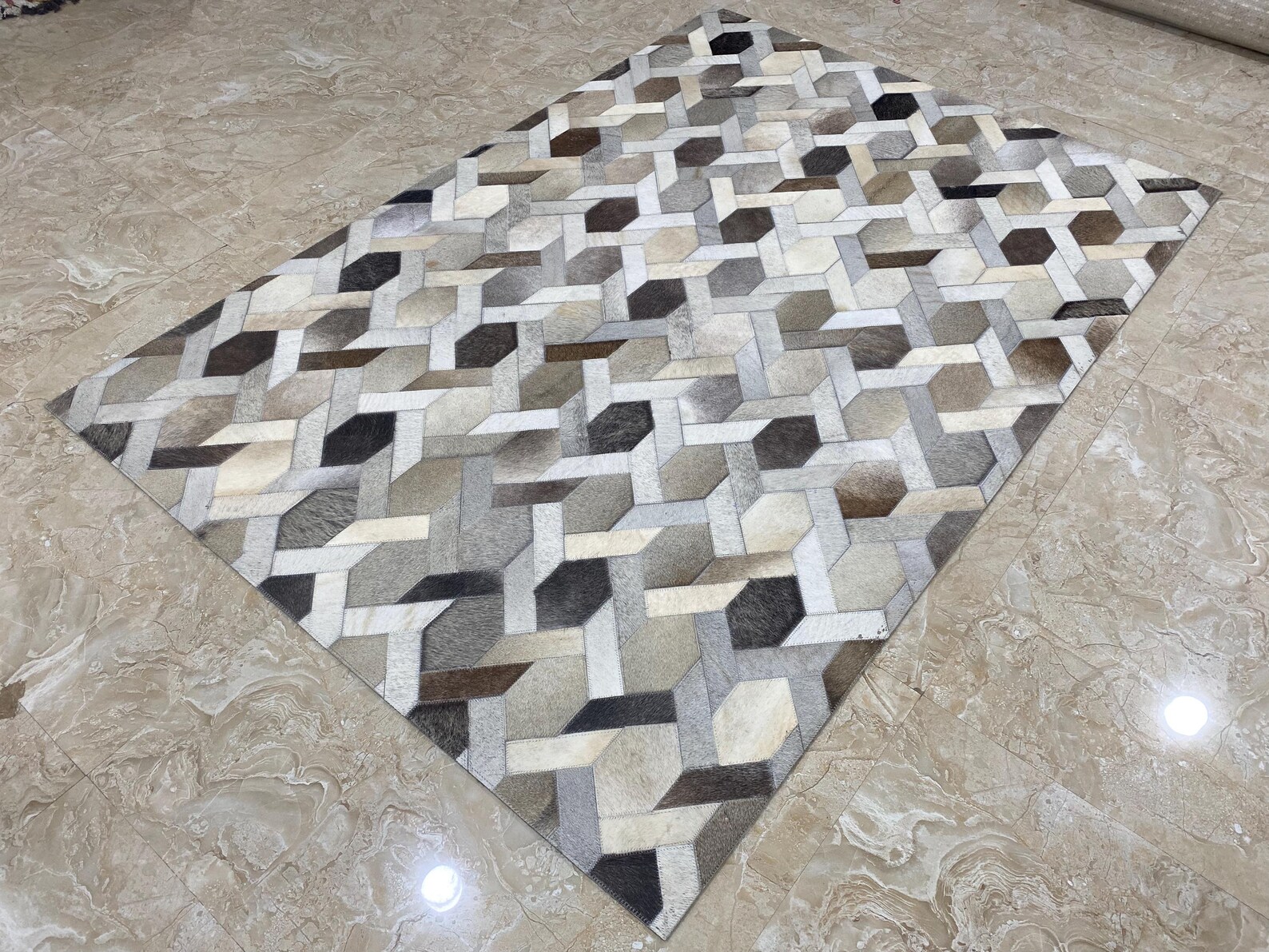 Patchwork Neutral Color Rug Geometric Cowhide Patchwork Rug, Neutral Modern Area Rug, Scandinavian ...