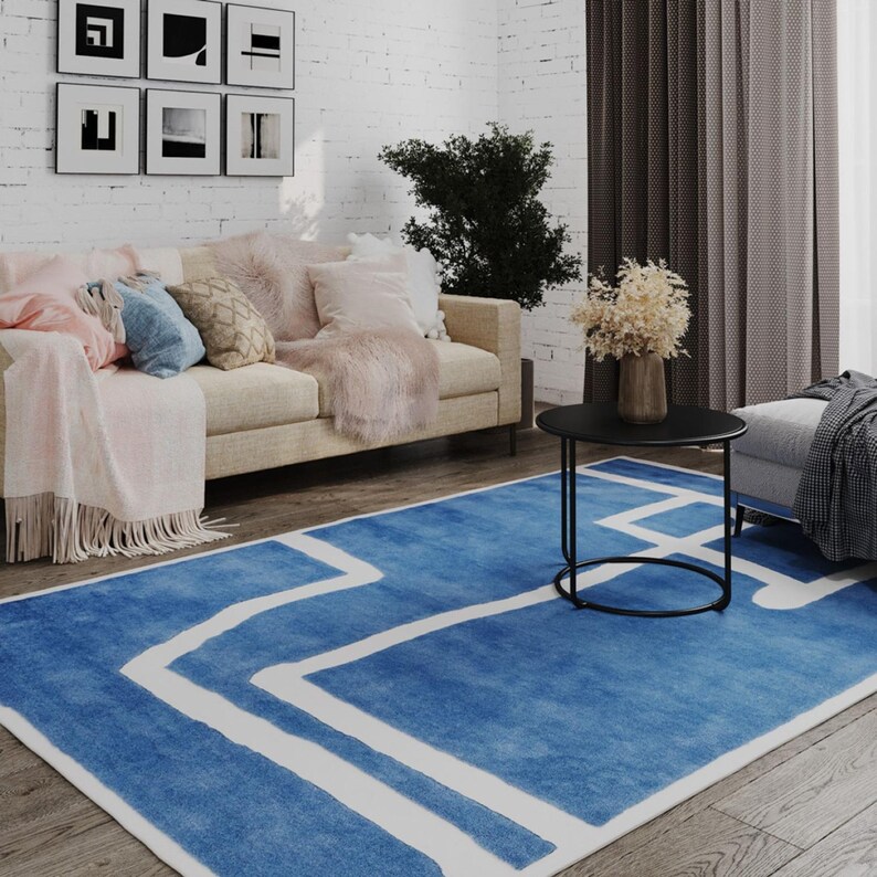 Blue Abstract Hand Tufted Rug, Modern Scandinavian Area Rug, Geometric ...